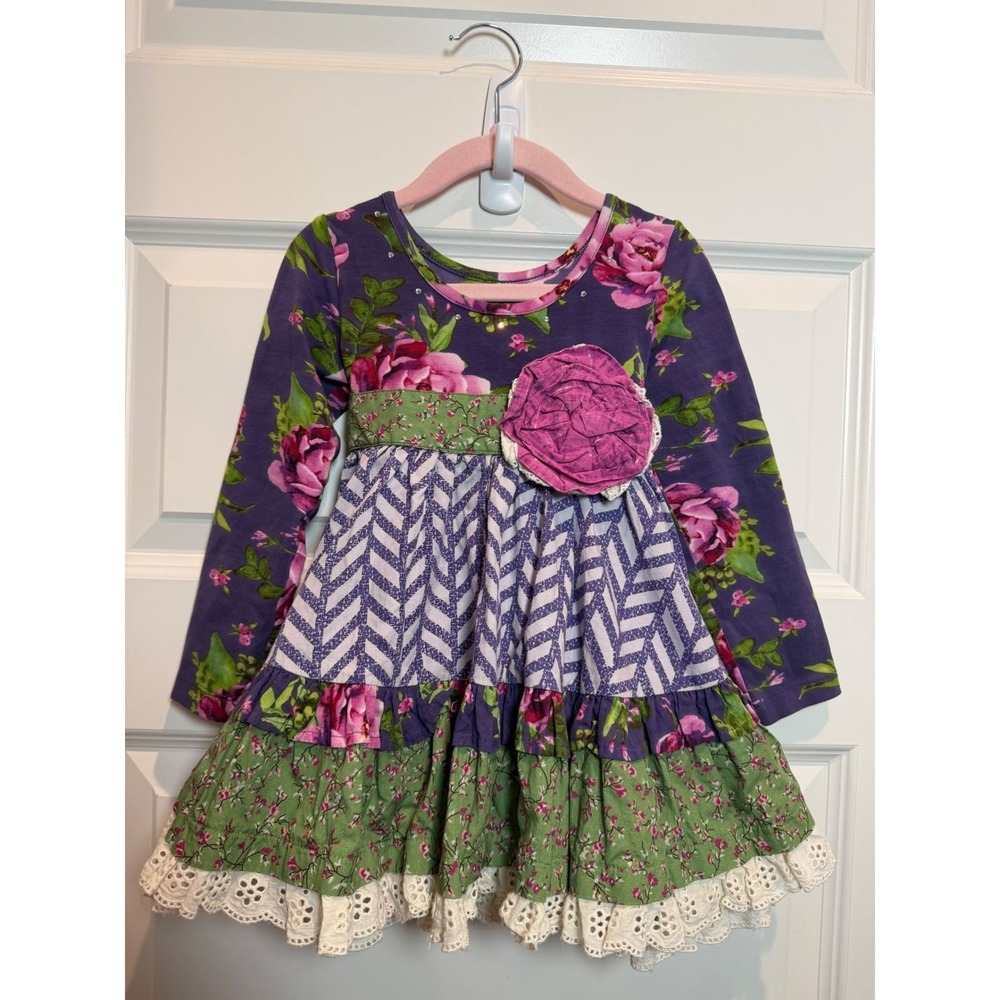 Mustard Pie Girls 2T Floral Chevron Ruffle Dress Purple Green Long Sleeve Lace